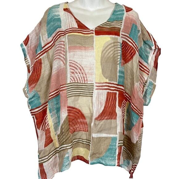 Chicos Womens 100% Linen Geo Blocks Poncho Colorful Oversized Top NWT sz S / M - Picture 1 of 16